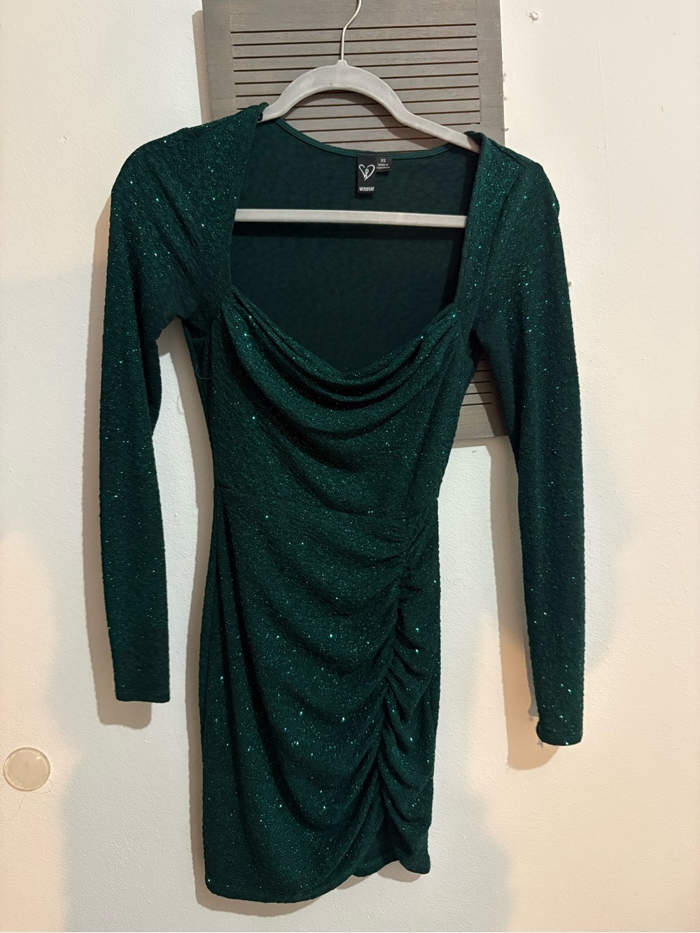 Windsor Emerald Green Sparkle Cowl Ruched Long-Sleeve Dress